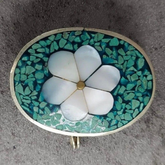 Vintage Silver Hinged Abalone & Turquoise Trinket Pill Box - Picture 2 of 9